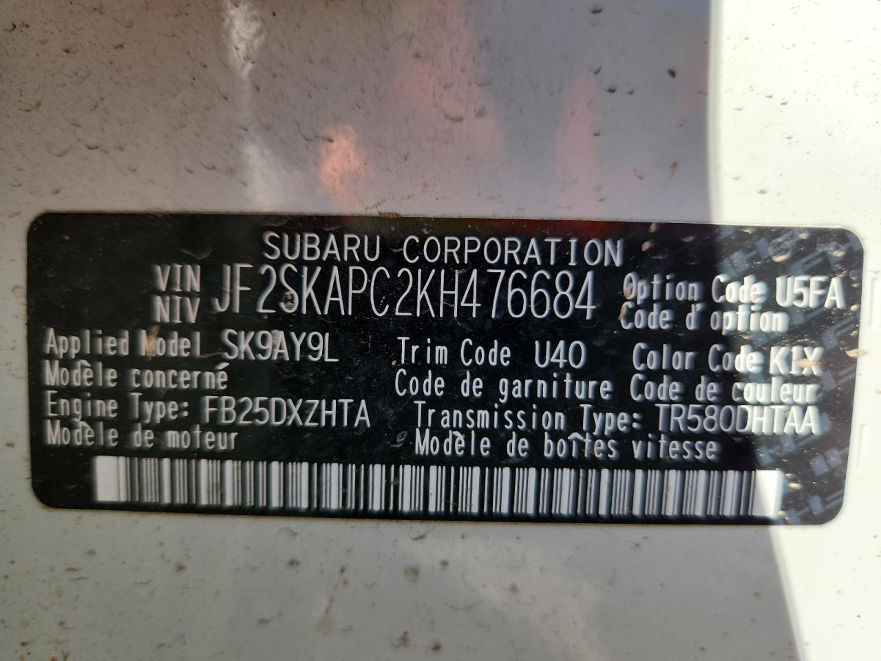 2019 Subaru Forester Sport VIN: JF2SKAPC2KH476684 Lot: 91630285