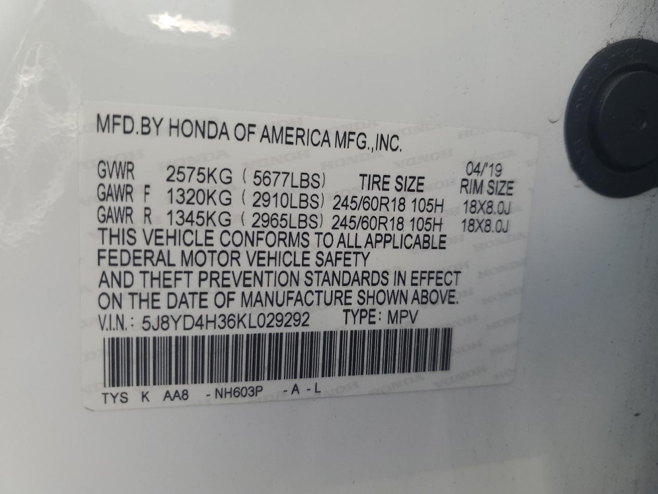 2019 Acura Mdx VIN: 5J8YD4H36KL029292 Lot: 90915135