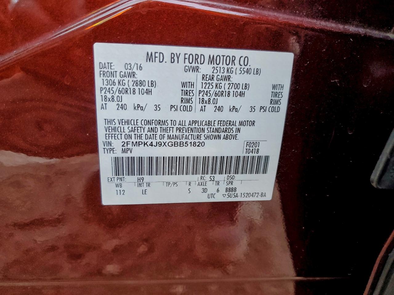 2016 Ford Edge Sel VIN: 2FMPK4J9XGBB51820 Lot: 94595395