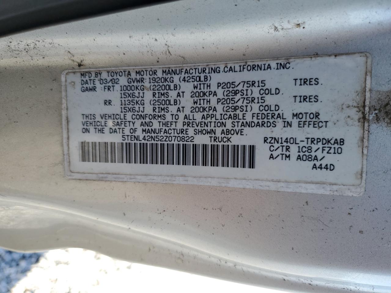 2002 Toyota Tacoma VIN: 5TENL42N52Z070822 Lot: 92519675