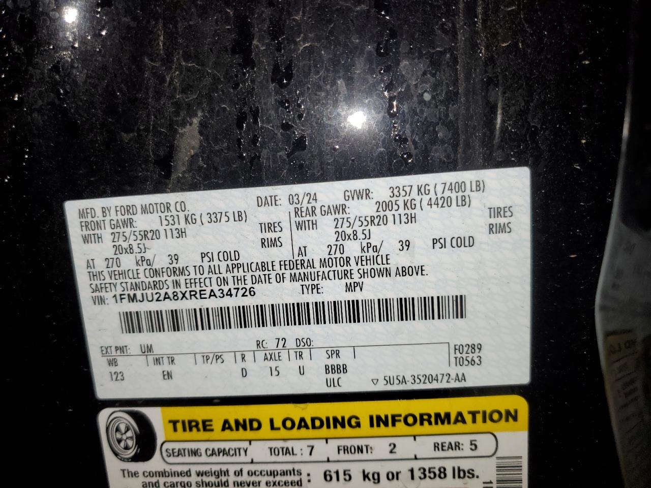 2024 Ford Expedition Limited VIN: 1FMJU2A8XREA34726 Lot: 93313105