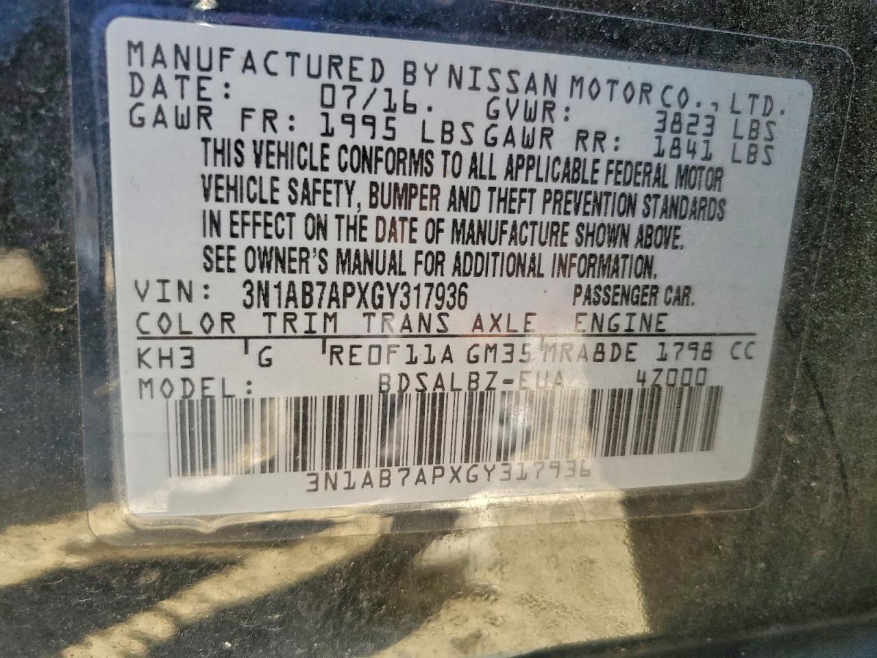 2016 Nissan Sentra S VIN: 3N1AB7APXGY317936 Lot: 94056795