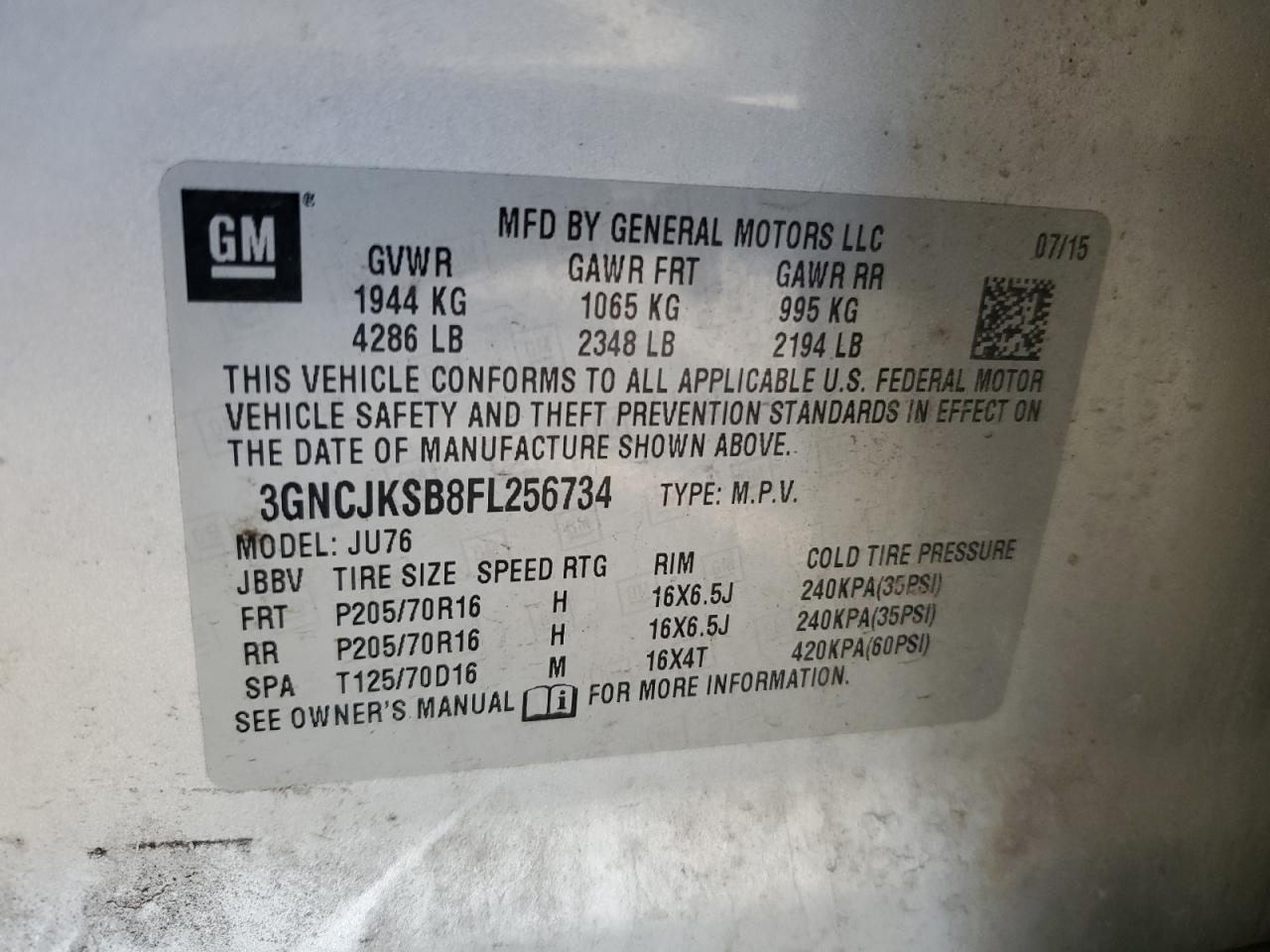 2015 Chevrolet Trax Ls VIN: 3GNCJKSB8FL256734 Lot: 91926285