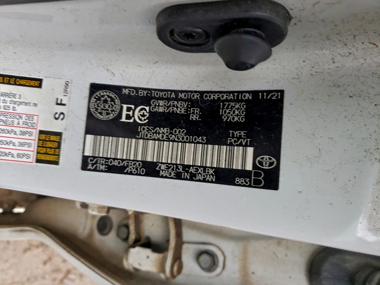 2022 Toyota Corolla VIN: JTDBAMDE9N3001043 Lot: 94928685