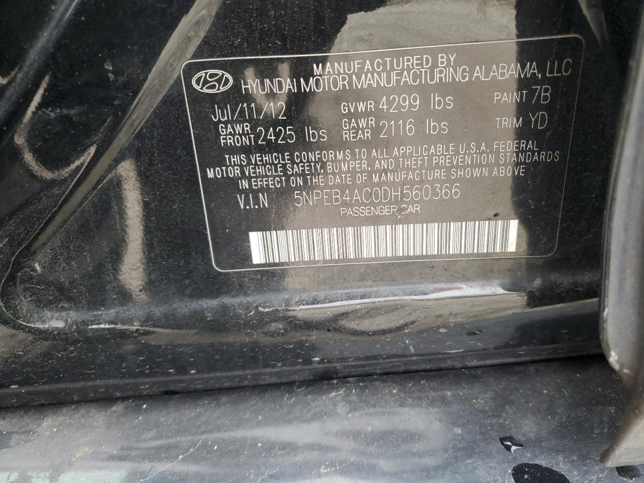 2013 Hyundai Sonata Gls VIN: 5NPEB4AC0DH560366 Lot: 92397465