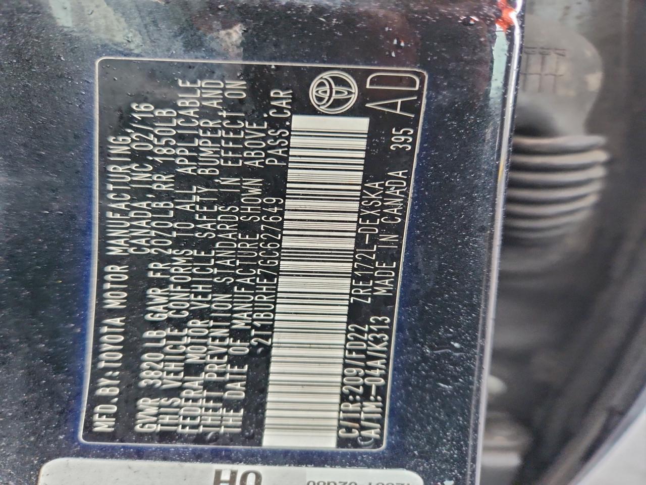 2016 Toyota Corolla L VIN: 2T1BURHE7GC627649 Lot: 94154815