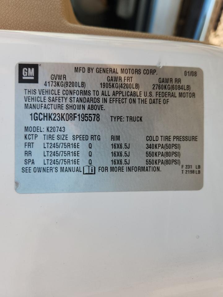 2008 Chevrolet Silverado K2500 Heavy Duty VIN: 1GCHK23K08F195578 Lot: 92493795