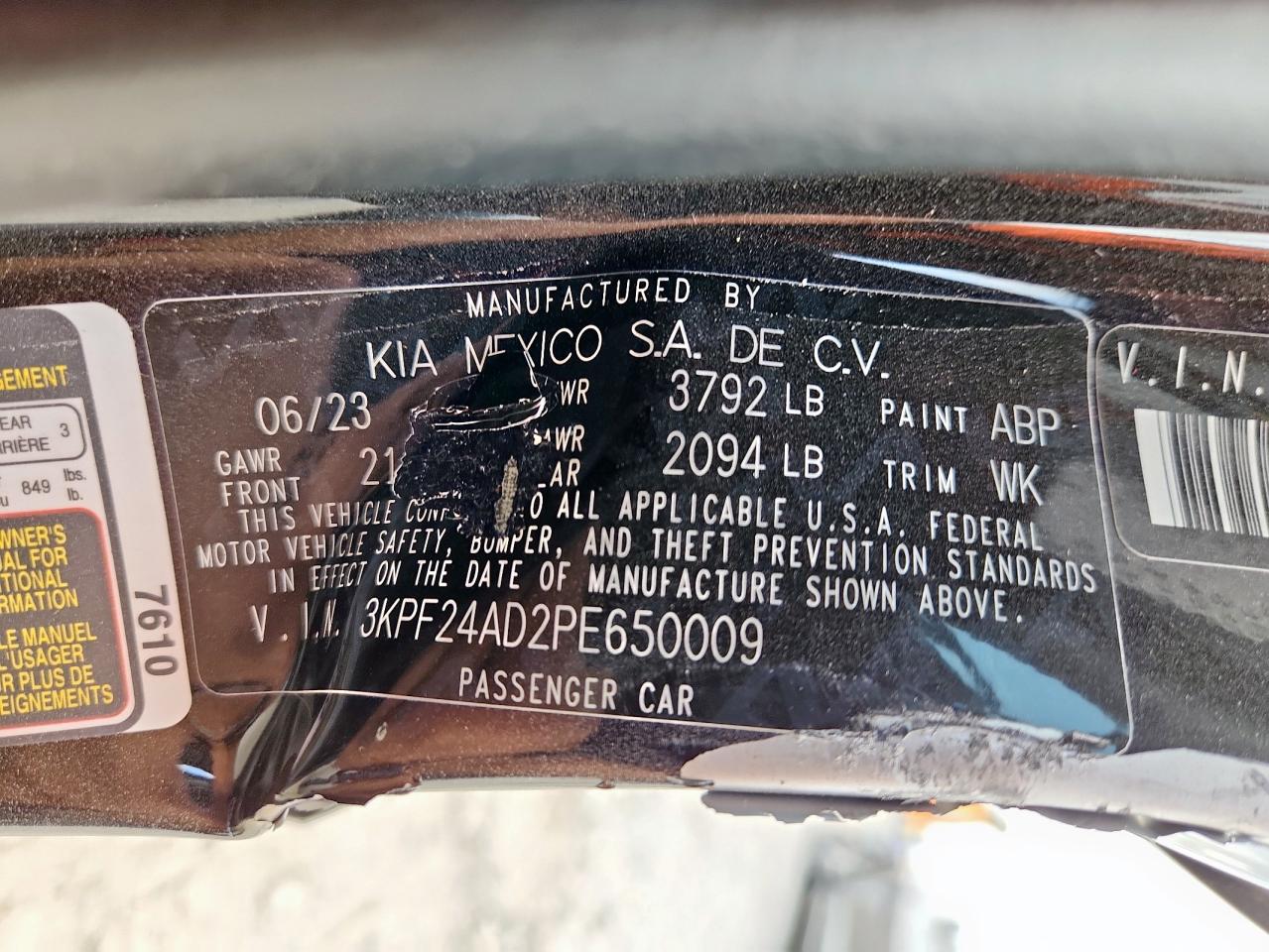 2023 Kia Forte Lx VIN: 3KPF24AD2PE650009 Lot: 92697925