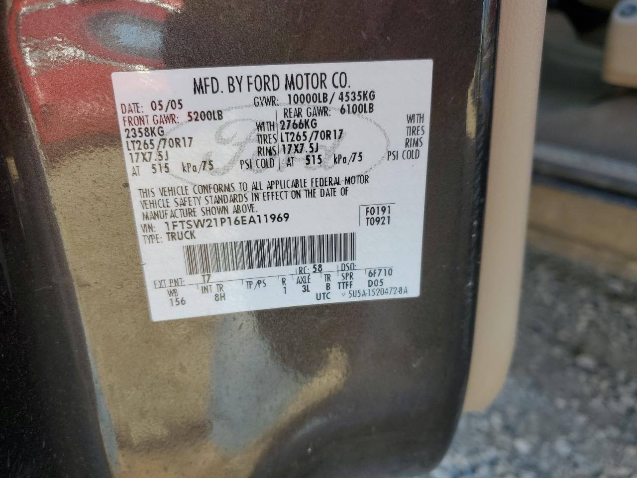 2006 Ford F250 Super Duty VIN: 1FTSW21P16EA11969 Lot: 91871495