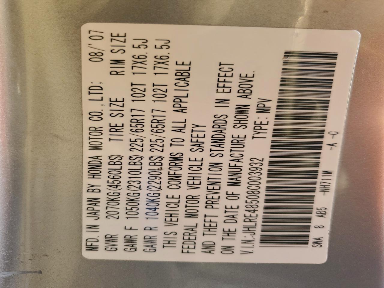 2008 Honda Cr-V Ex VIN: JHLRE48508C003932 Lot: 94511855