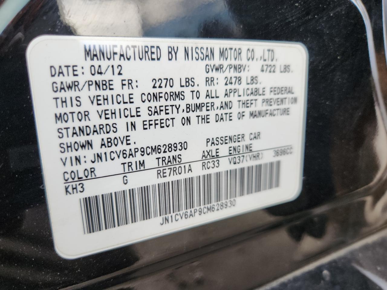 2012 Infiniti G37 Base VIN: JN1CV6AP9CM628930 Lot: 93030575