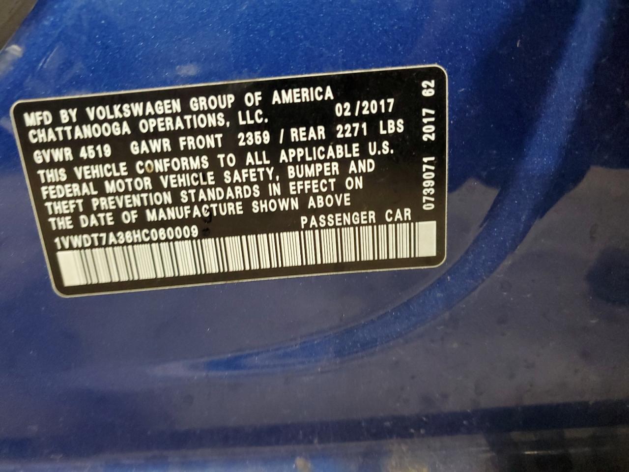 2017 Volkswagen Passat R-Line VIN: 1VWDT7A36HC060009 Lot: 93479985