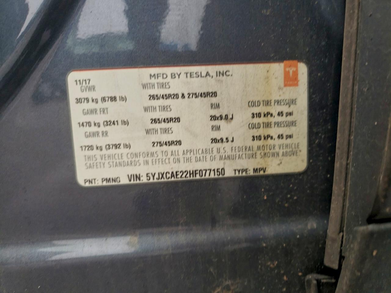 2017 Tesla Model X VIN: 5YJXCAE22HF077150 Lot: 94547055