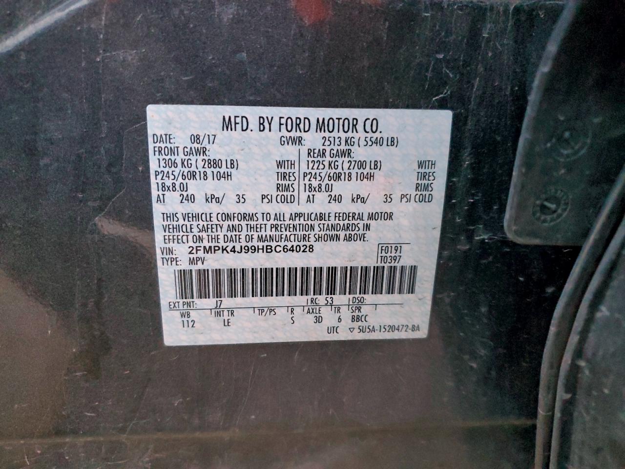 2017 Ford Edge Sel VIN: 2FMPK4J99HBC64028 Lot: 94372775