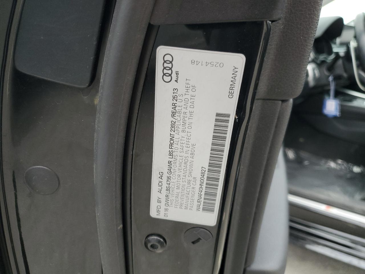 2017 Audi A4 Premium Plus VIN: WAUENAF40HN004827 Lot: 92822915