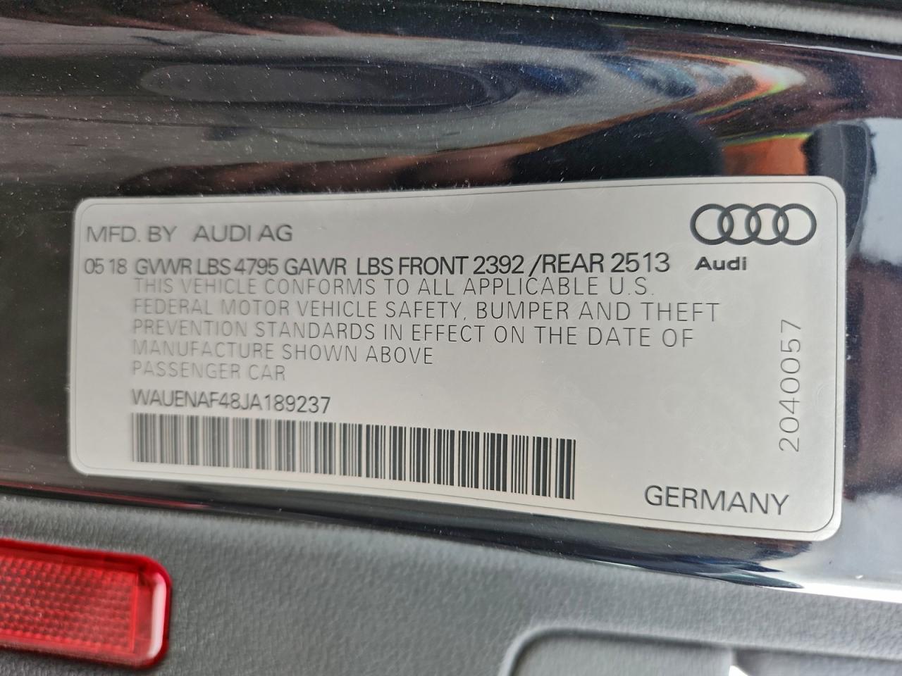 2018 Audi A4 Premium Plus VIN: WAUENAF48JA189237 Lot: 93324735