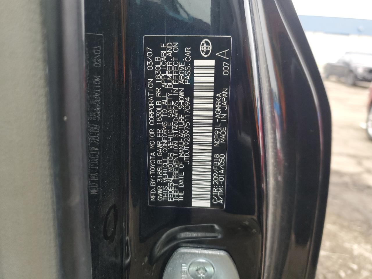 2007 Toyota Yaris VIN: JTDJT923975117094 Lot: 93934675