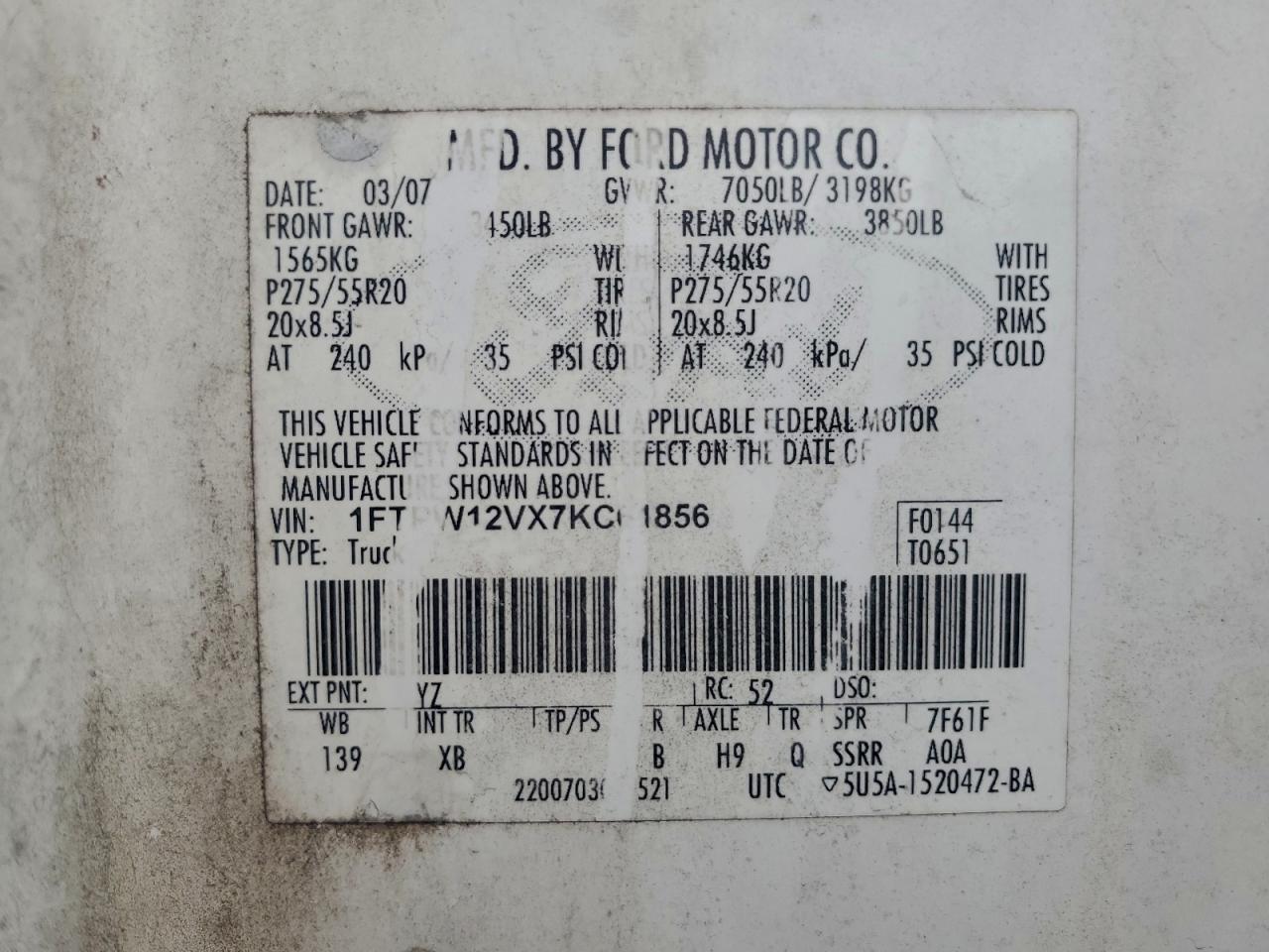 2007 Ford F150 Supercrew VIN: 1FTPW12VX7KC61856 Lot: 94095615
