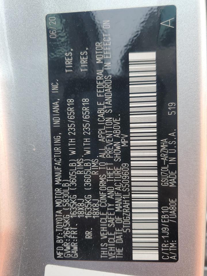 2020 Toyota Highlander Xle VIN: 5TDGZRAH1LS509609 Lot: 91823365