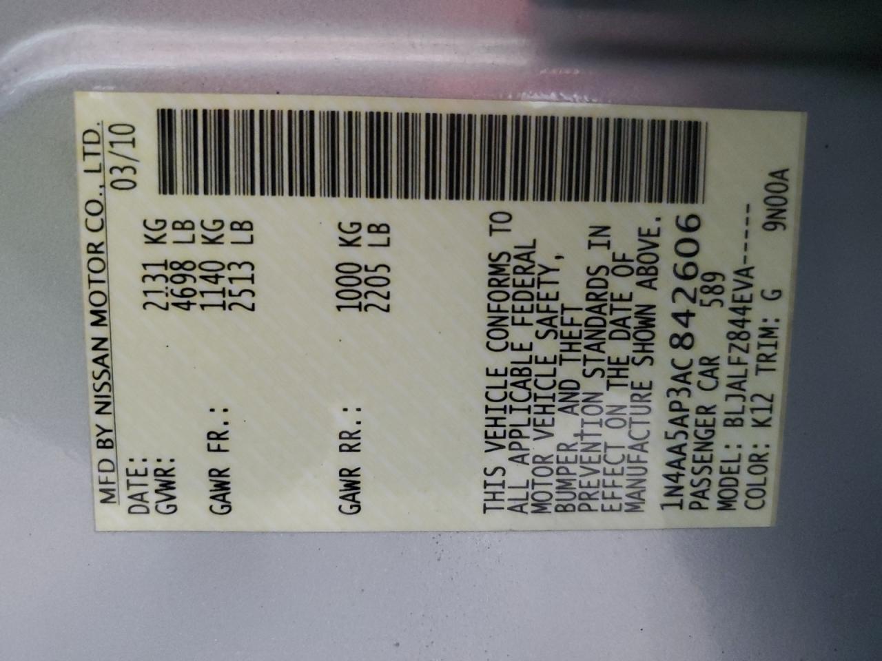 2010 Nissan Maxima S VIN: 1N4AA5AP3AC842606 Lot: 91760425