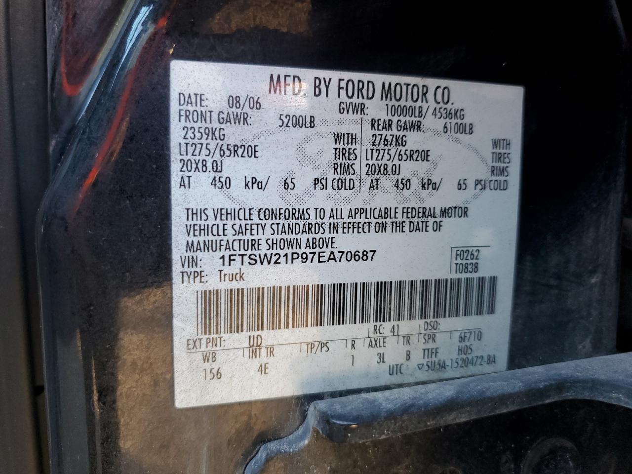 2007 Ford F250 Super Duty VIN: 1FTSW21P97EA70687 Lot: 93736565