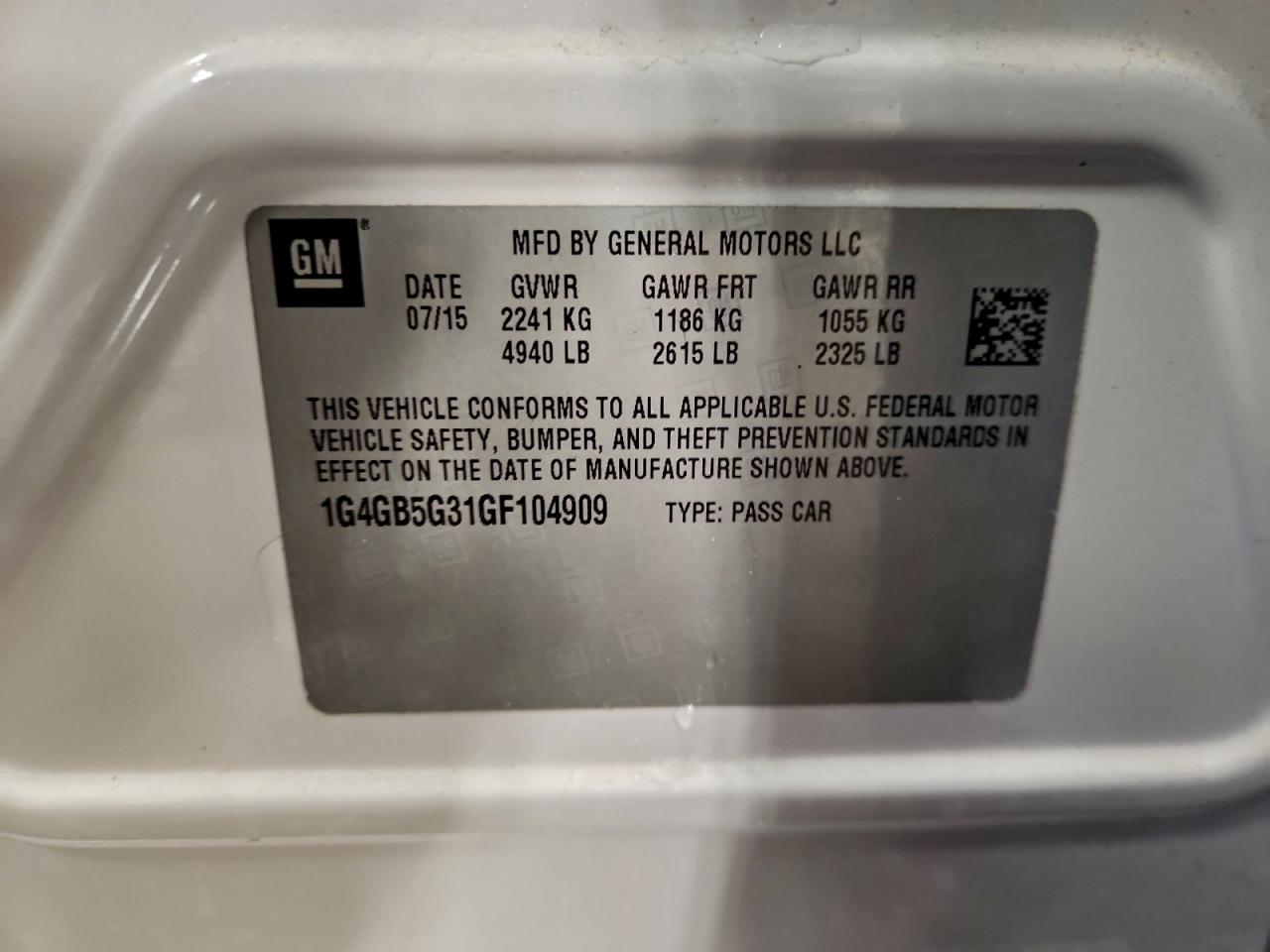 2016 Buick Lacrosse VIN: 1G4GB5G31GF104909 Lot: 92945285