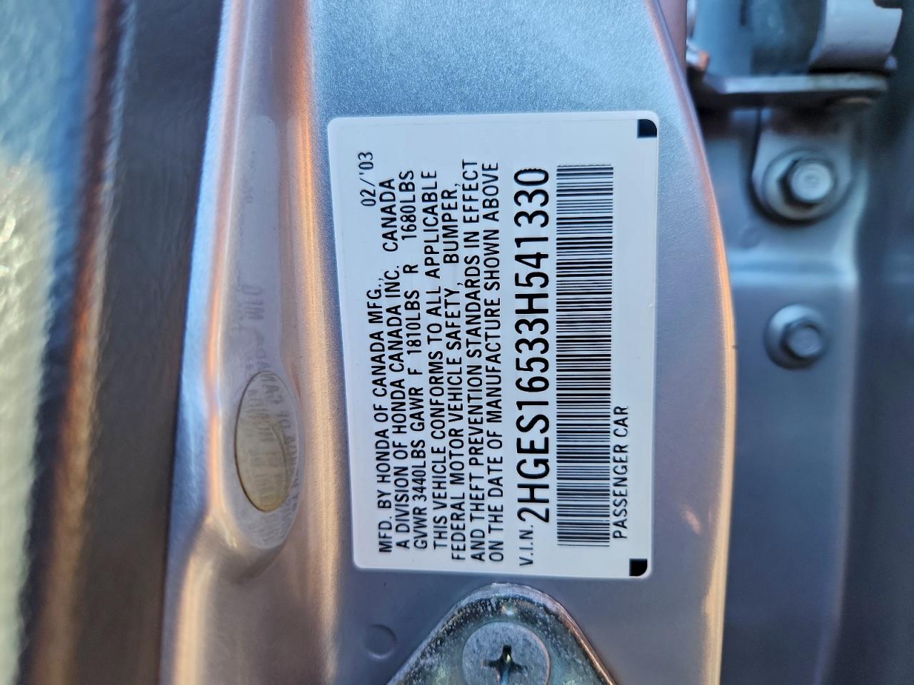 2003 Honda Civic Lx VIN: 2HGES16533H541330 Lot: 94532395