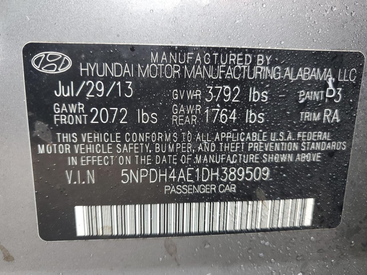 2013 Hyundai Elantra Gls VIN: 5NPDH4AE1DH389509 Lot: 92594555