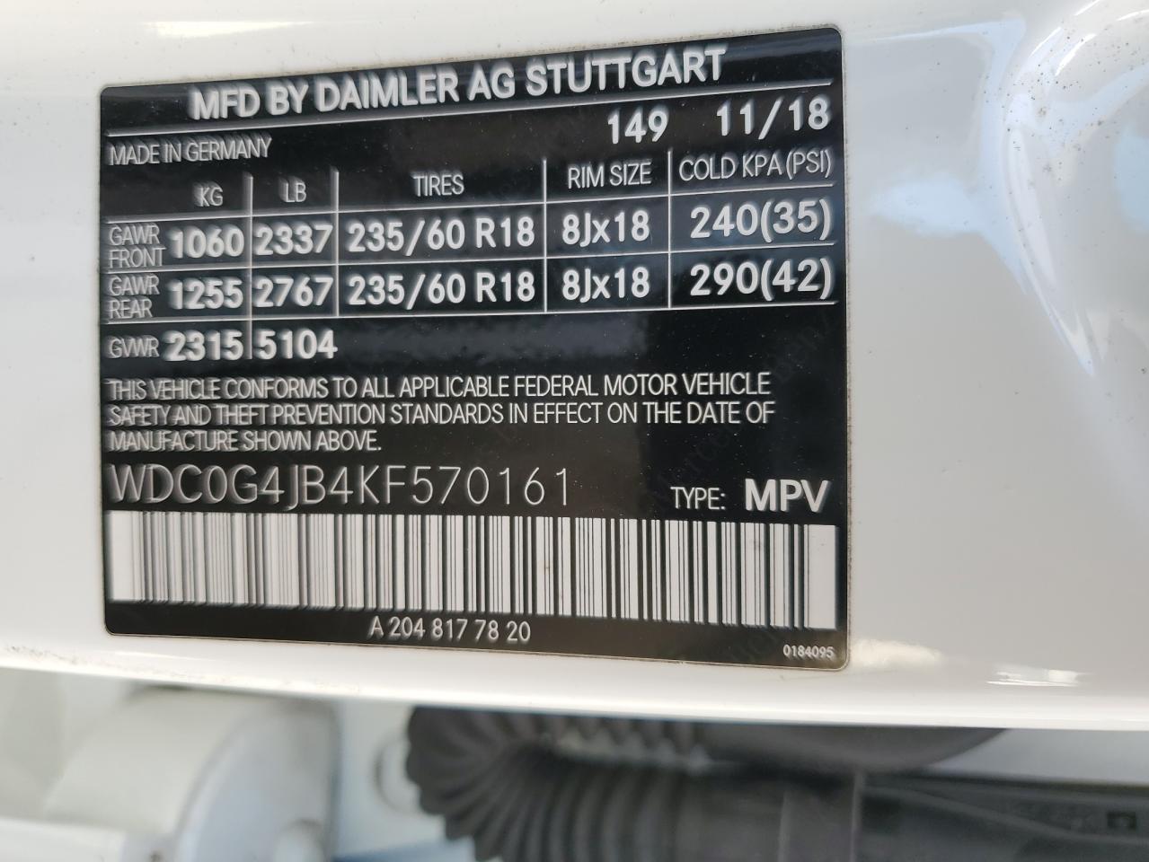 2019 Mercedes-Benz Glc 300 VIN: WDC0G4JB4KF570161 Lot: 92090685