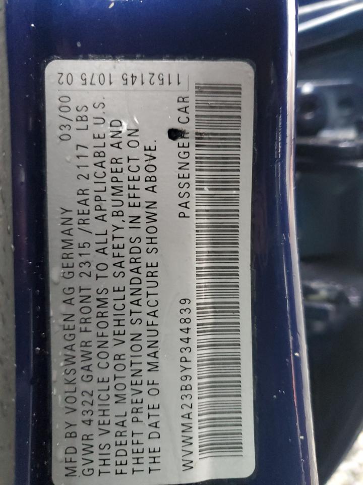 2000 Volkswagen Passat Gls VIN: WVWMA23B9YP344839 Lot: 91145715