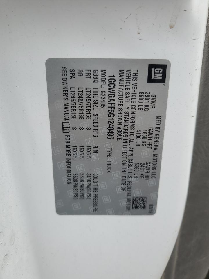 2016 Chevrolet Express G2500 Delivery Van VIN: 1GCWGAFF5G1248496 Lot: 93454905