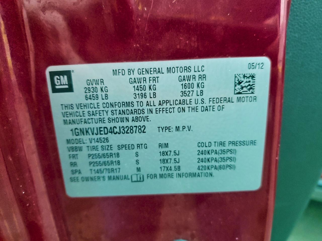 2012 Chevrolet Traverse Lt VIN: 1GNKVJED4CJ328782 Lot: 93774485