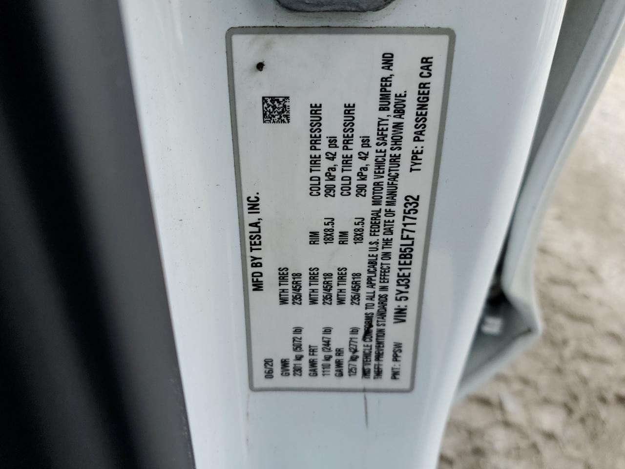 2020 Tesla Model 3 VIN: 5YJ3E1EB5LF717532 Lot: 92460185