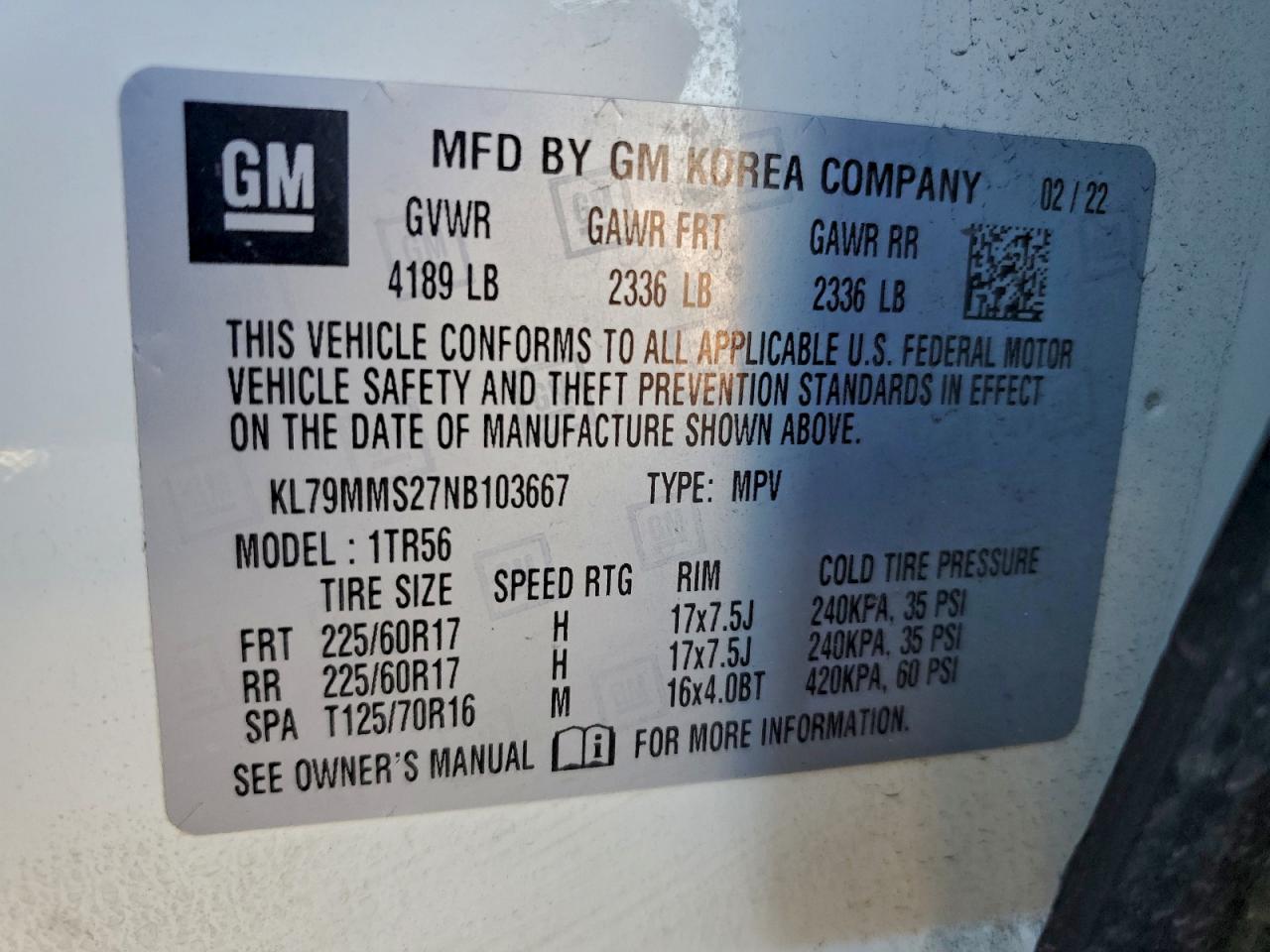 2022 Chevrolet Trailblazer Ls VIN: KL79MMS27NB103667 Lot: 94417055