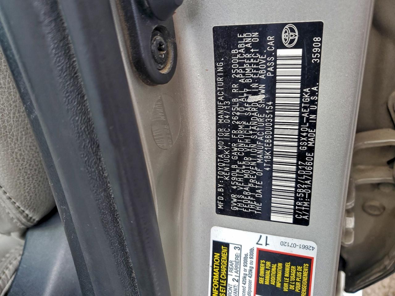 2013 Toyota Avalon Base VIN: 4T1BK1EB6DU035154 Lot: 94241995