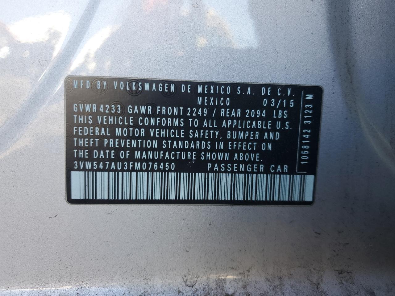2015 Volkswagen Gti VIN: 3VW547AU3FM076450 Lot: 93238305