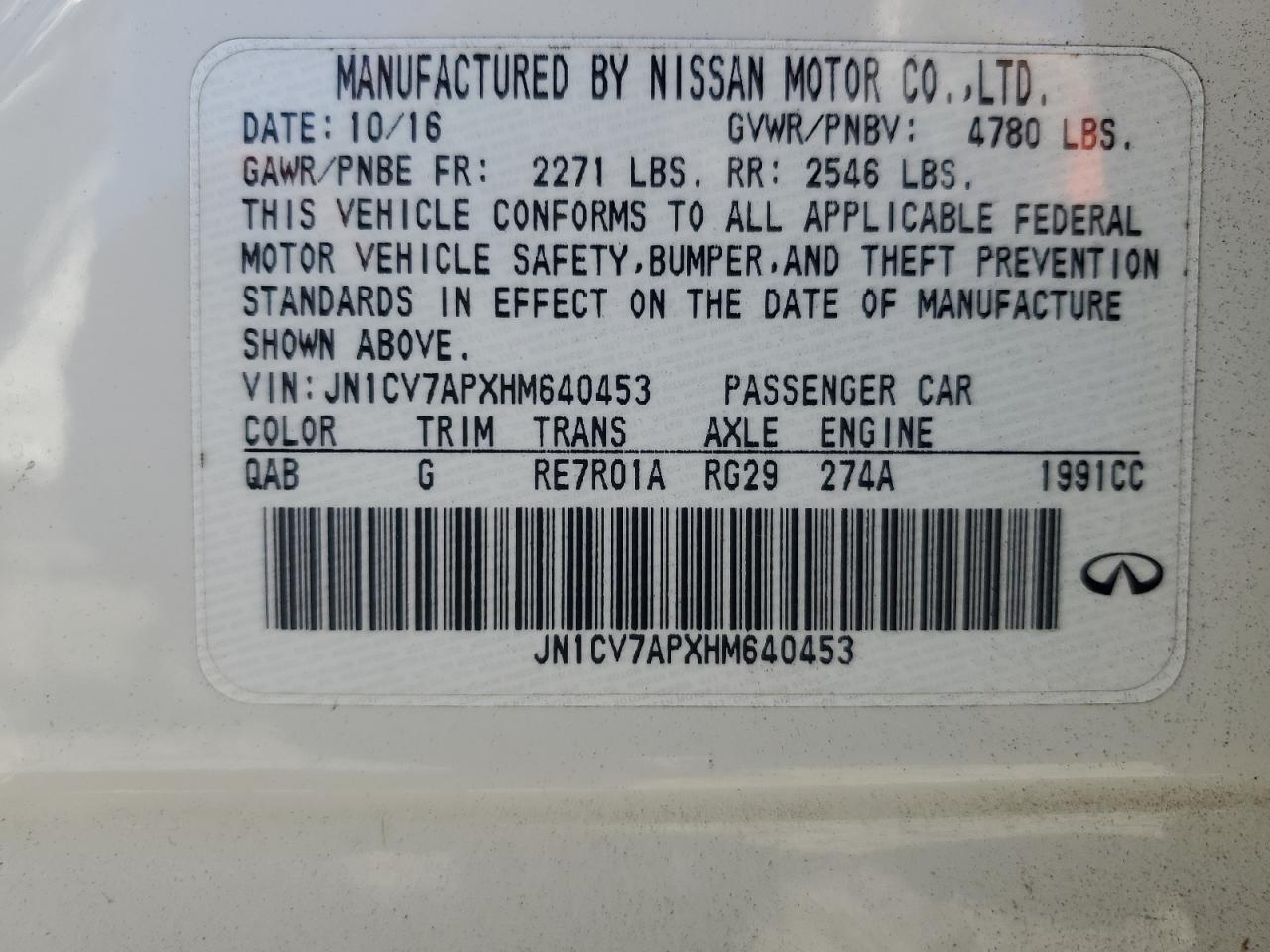 2017 Infiniti Q50 Base VIN: JN1CV7APXHM640453 Lot: 92570565