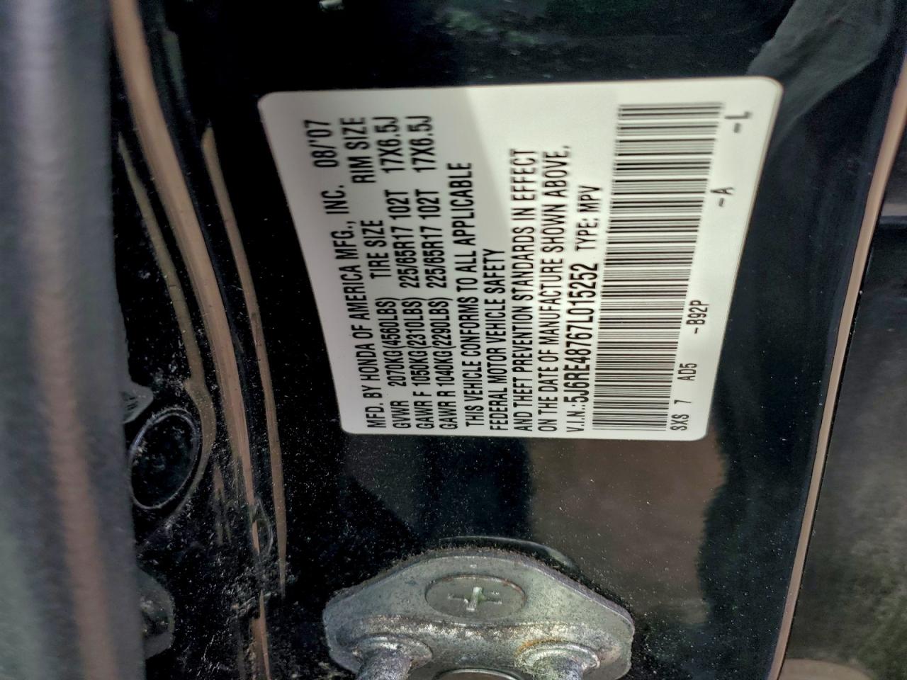 2007 Honda Cr-V Exl VIN: 5J6RE48767L015252 Lot: 94355315