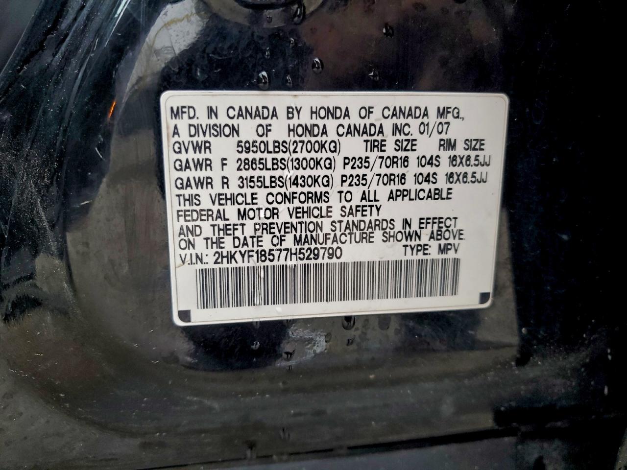 2007 Honda Pilot Exl VIN: 2HKYF18577H529790 Lot: 93770085