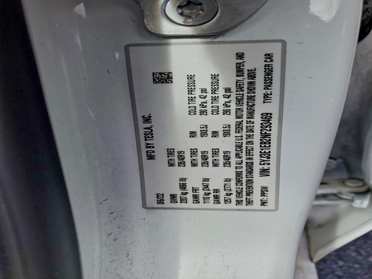 2022 Tesla Model 3 VIN: 5YJ3E1EB2NF293469 Lot: 94108795