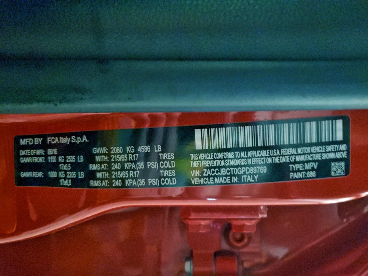 2016 Jeep Renegade Trailhawk VIN: ZACCJBCT0GPD89769 Lot: 94550145