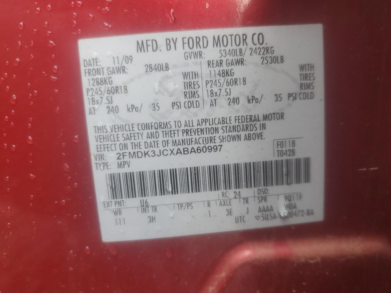 2010 Ford Edge Sel VIN: 2FMDK3JCXABA60997 Lot: 91061345