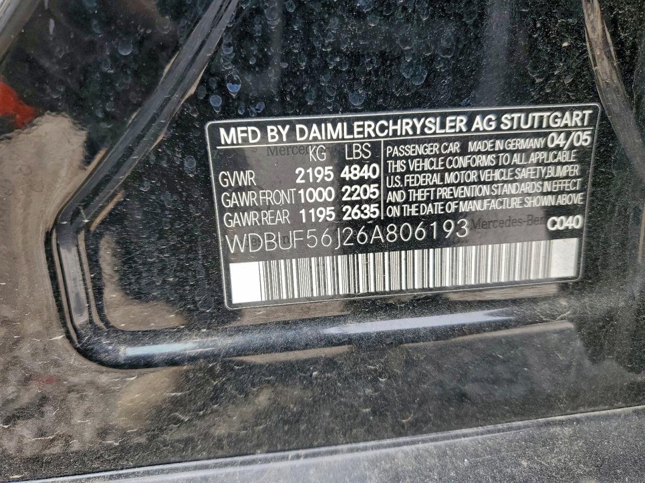 2006 Mercedes-Benz E 350 VIN: WDBUF56J26A806193 Lot: 93045635