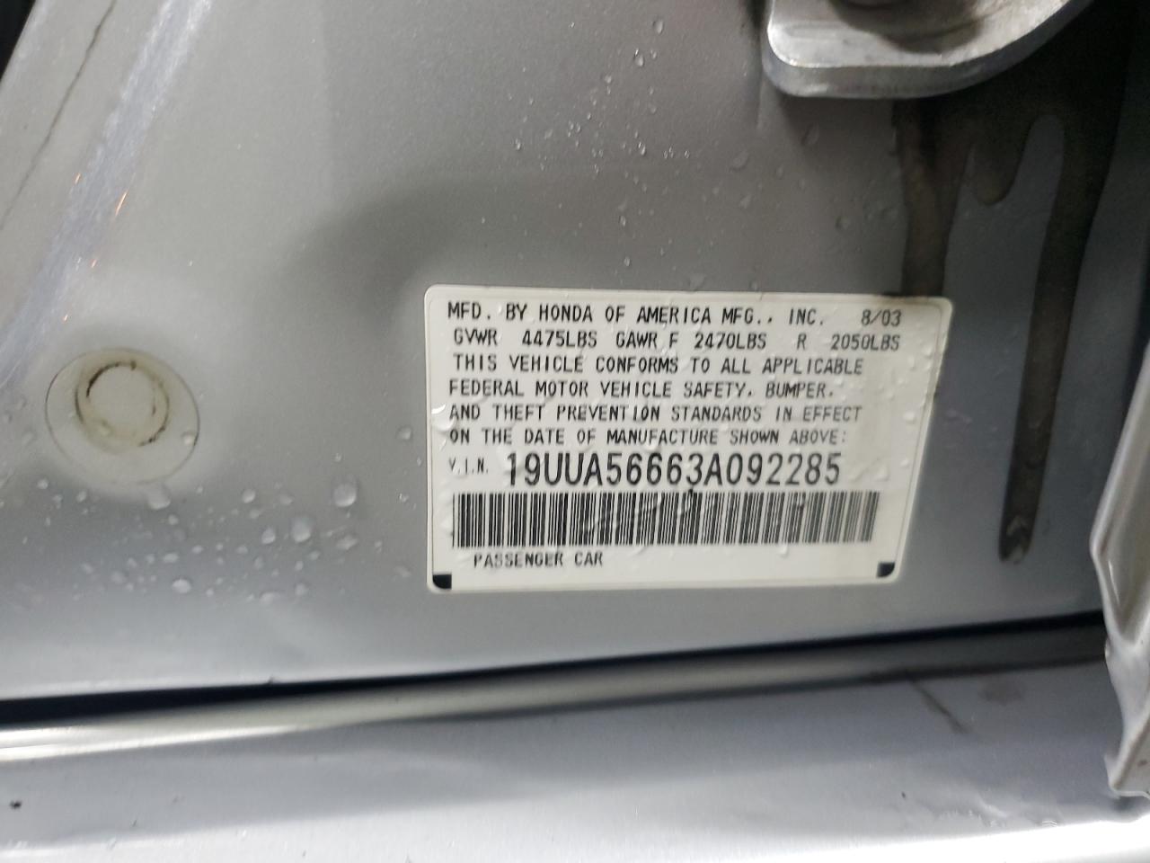 2003 Acura 3.2Tl VIN: 19UUA56663A092285 Lot: 92857855