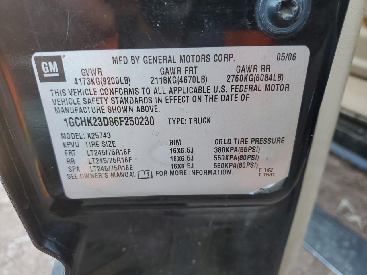 2006 Chevrolet Silverado K2500 Heavy Duty VIN: 1GCHK23D86F250230 Lot: 91132345