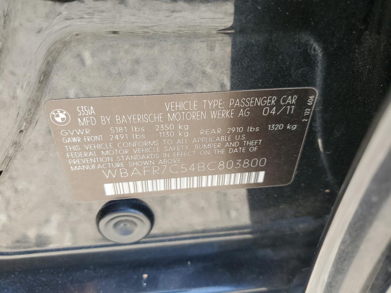 2011 BMW 535 I VIN: WBAFR7C54BC803800 Lot: 93373135