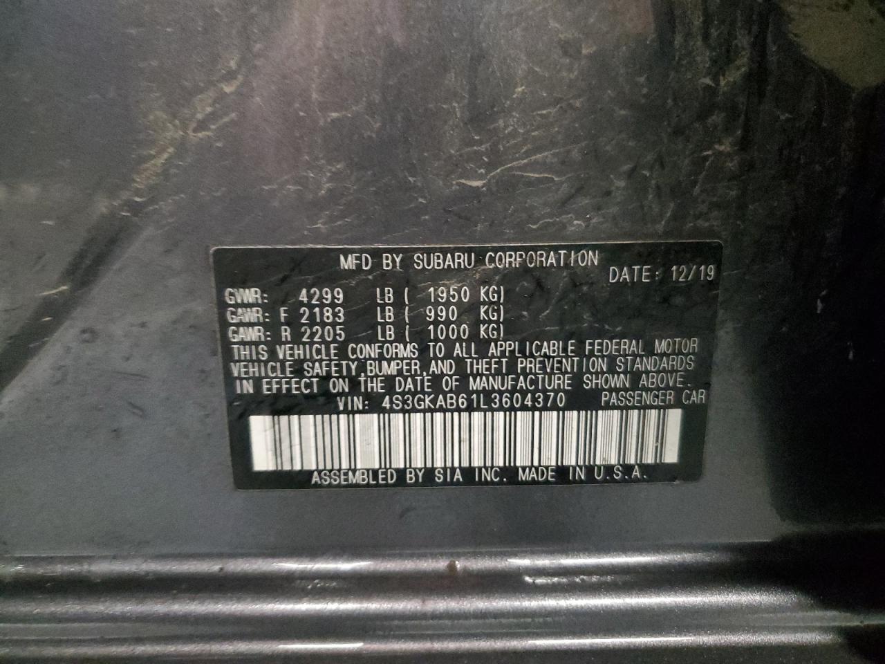 2020 Subaru Impreza VIN: 4S3GKAB61L3604370 Lot: 93026815