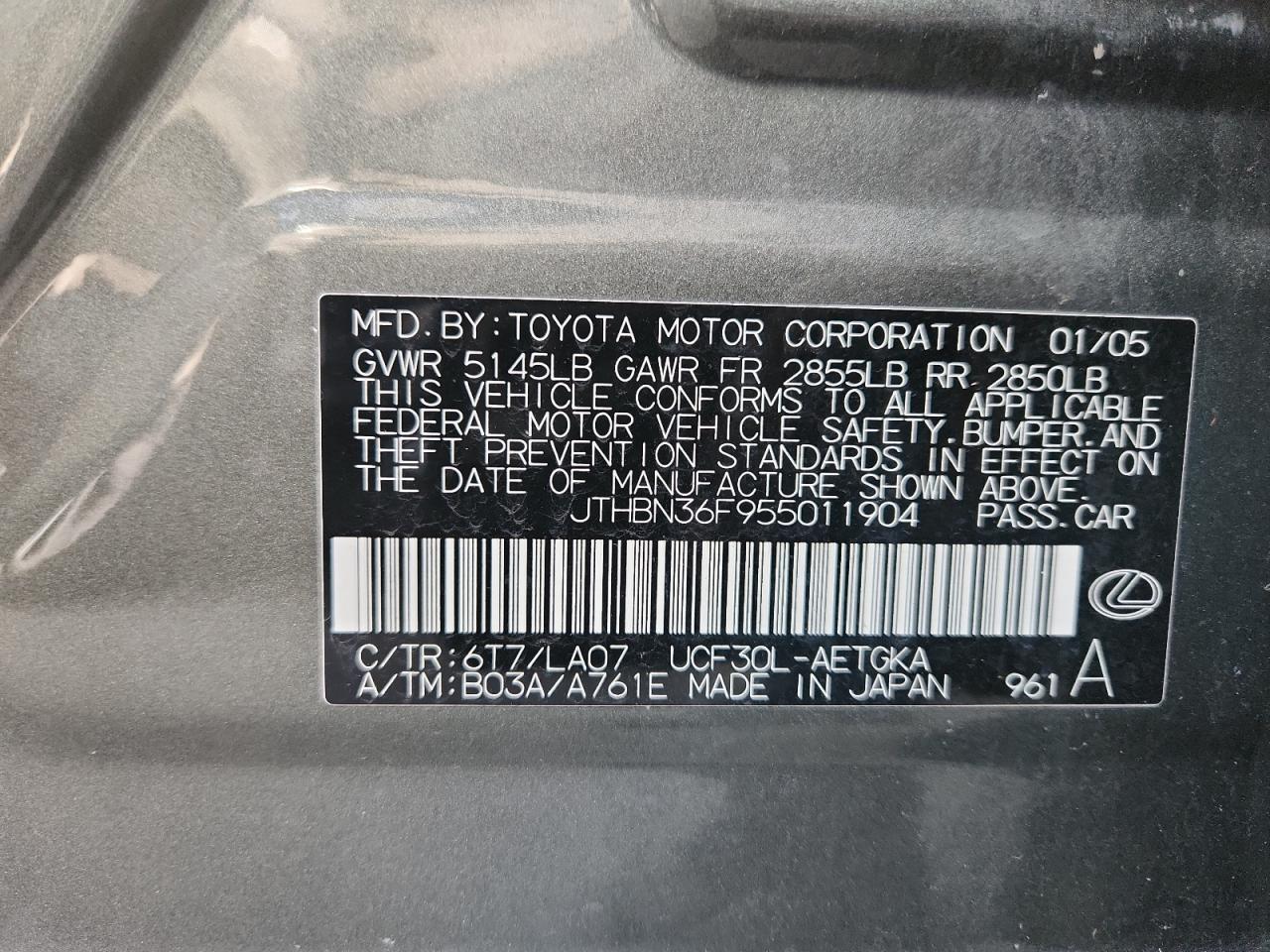 2005 Lexus Ls 430 VIN: JTHBN36F955011904 Lot: 91898765