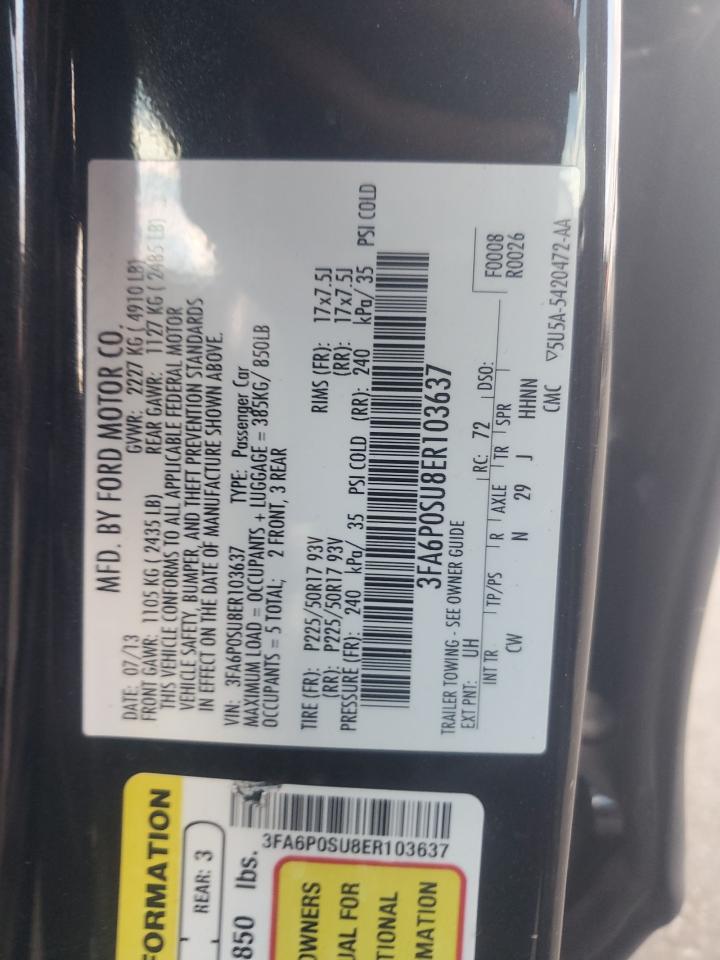 2014 Ford Fusion Titanium Phev VIN: 3FA6P0SU8ER103637 Lot: 92663865