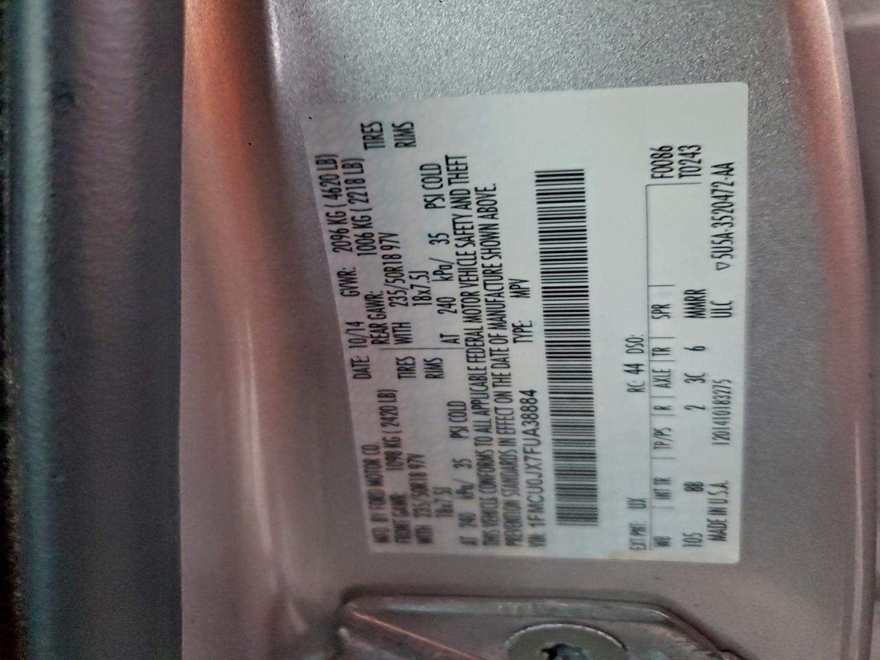 2015 Ford Escape Titanium VIN: 1FMCU0JX7FUA38884 Lot: 92465905